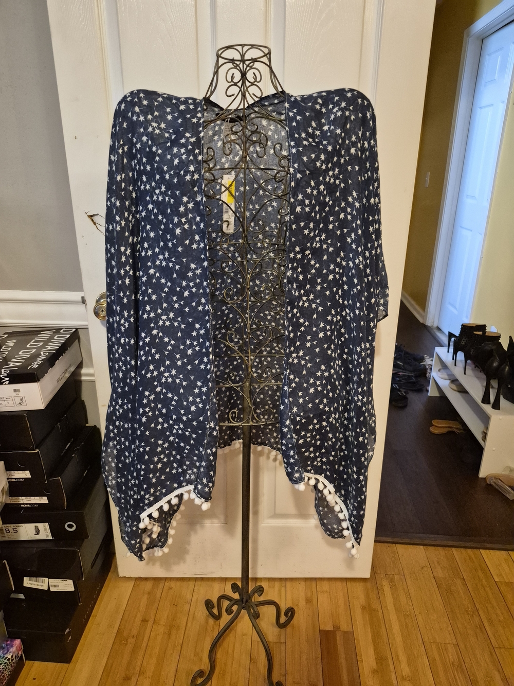 Navy Star Print Kimono with Pom Trim